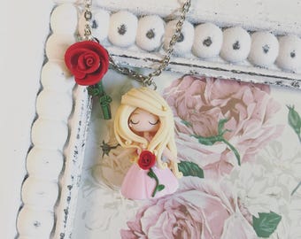 Fimo Polymer Clay necklace Kawaii Cute Chibi Princess Aurora Disney Princess fairy tale Pink tiny Handmade gift