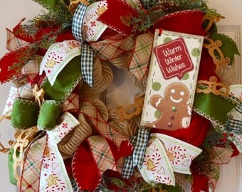 Red and Green Jute and Burlap Mesh Gingerbread Man Wreath with Cedar Branches, Berries and Pine Cones; Winter Holiday Wreath Christmas Decor