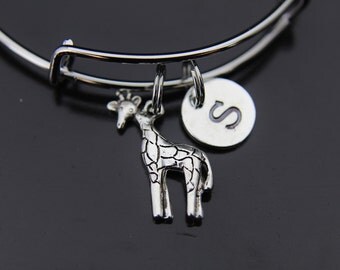 Giraffe Bracelet Silver Giraffe Charm Bangle Giraffe Jewelry Expandable Bangle Personalized Bangle Initial Charm Bangle Customized Jewelry