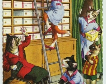 Dressed Cats Shoe Store Mishap #4743 Anthropomorphic Alfred Mainzer Postcard