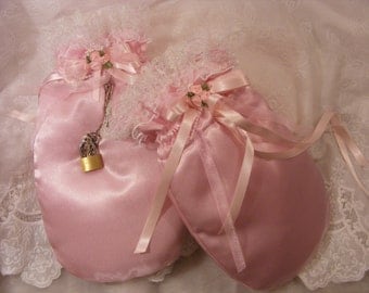 sissy adult baby ABDL pink satin padded mittens opt ribbon or chain and padlock also opt bells cosplay