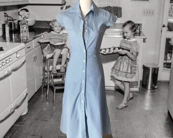 Vintage Laura Ashley Dress Cotton Shirtwaist Button Down Front Opening Blue and White Checks Cap Sleeves Fitted Designer Dress