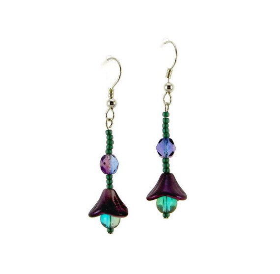 Purple Beaded Flower Drop Earrings Frosted Green Earrings