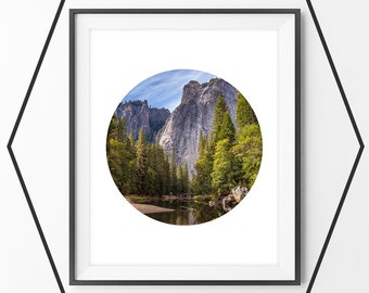 Mountains Print, Tree River Blue Sky Art Print, Mountain Photography, Circle Print, Printable Wall Art, Landscape, Black and White Print