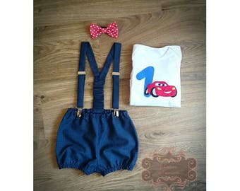 Cake smash outfit, Boy 1st birthday outfit, Diaper cover suspender set, Photo props, lightning mcqueen birthday, Cars birthday, Bodysuit 1st