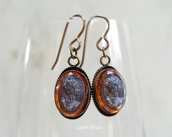 Vintage Amber Cameo, Glass Cameo Earrings, Bronze Earrings Hooks