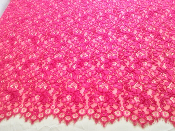 Fuchsia lace fabric Alencon Lace Chantilly Lace Bridal lace Wedding Lace Evening dress lace Scalloped Floral lace Lingerie Lace
