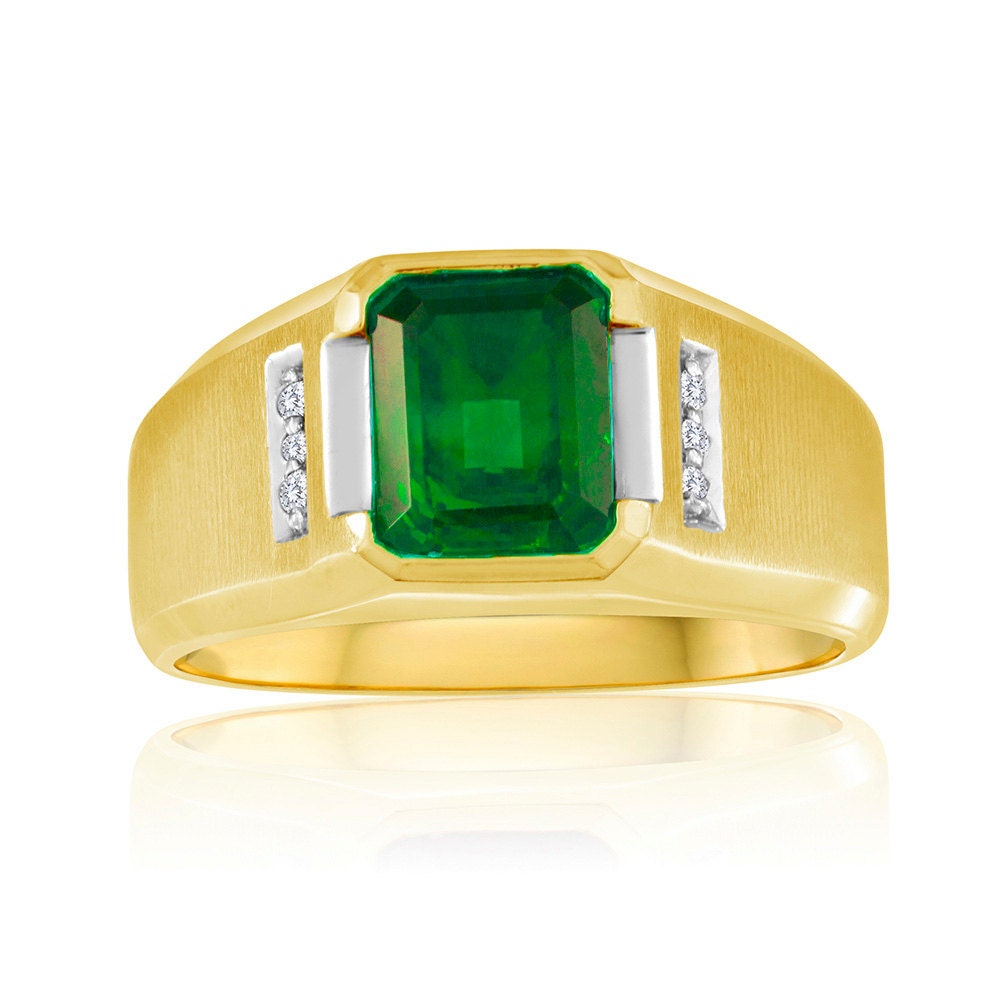 Diamonds and Green Emerald Ring Men's Emerald Signet