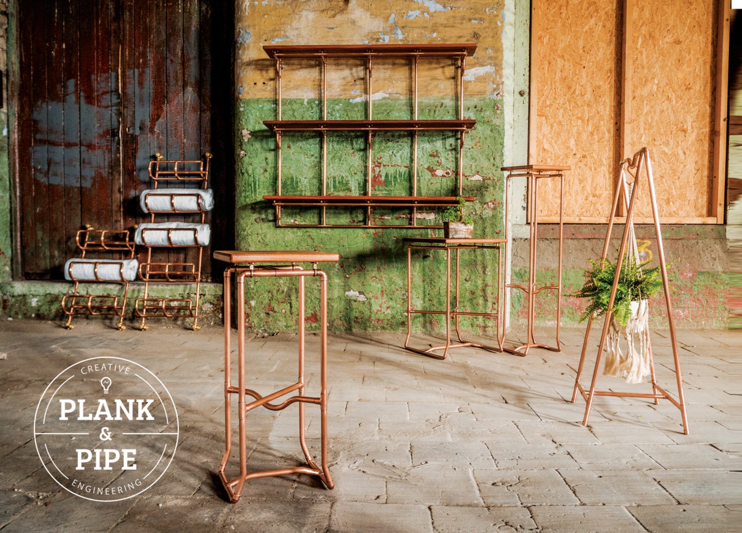 Copper Pipe Botanical Plant Stand in an Industrial / urban