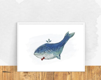 Whale Print, Watercolor Wale, Tiny Print, Whimsical Art, Minimalist Illustration, 4x6 print, Nursery Art, Nursery Print, Whimsical Animals