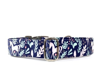 Unicorn dog collar. Unicorn martingale collar. Navy, mint and gold dog collar with metallic gold accents. 1.5 inch martingale.