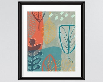 Mid Century Modern contrasting leaf art, Retro nature print 8x10 INSTANT DOWNLOAD