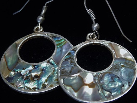 Abalone Earrings MEXICO Inlay Pierced Loop Drop Dangle Hoop Earrings BOHO Vintage Jewelry Ocean Seashell Sea Shell Beach Wedding