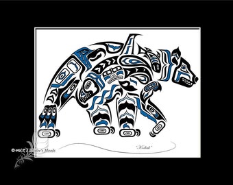 Haida Bear, Tlingit Grizzly Art Print,Pacific Northwest Coast, Native American, First Nations Art - "Kodiak" 8x10 in BLUE