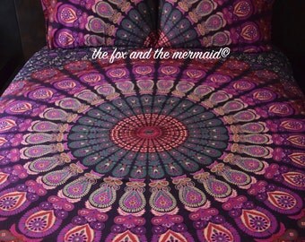 Mandala tapestry duvet cover and 2 matching pillowcases, Indian tapestry doona cover+2 pillowcases, Boho bed set (duvet and pillowcases)