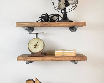 Set of 3- Industrial 12" Deep Floating Shelves includes pipe brackets, Rustic Farmhouse, Kitchen, Bath, Study wood wall shelf