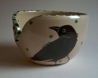 Handmade yarn bowl, wool, yarn bowl, dancingharepottery, wool storage, crows, crochet supplies, knitting supplies, folk art, yarn pot