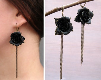 Black rose jewelry Black earrings Flower dangle earrings Gold drop earrings Chain earrings Dark jewelry luxury jewelry art deco earrings