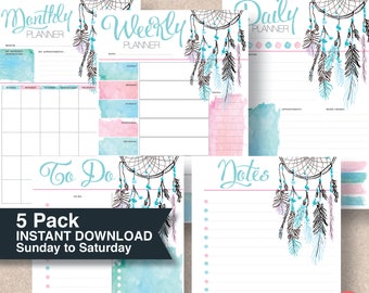 Dream Catcher - Filofax Refills, Insert. Printable Planner Sun to Sat start. Includes 4 sizes: Full Size & Half Size planners | #623