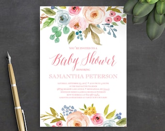 Printable Baby Shower Invitation Template, Instant Download, Baby Shower Invitation, Floral, Watercolor, Boho, Baby Shower Invites