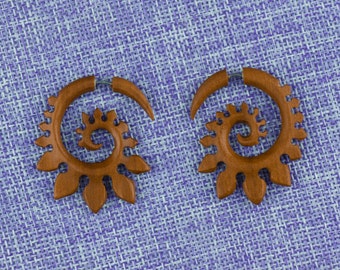 Fake Gauge Earrings, "Predator (gr.)" Saba Wood, Naturally Organic, Hand Carved, Tribal