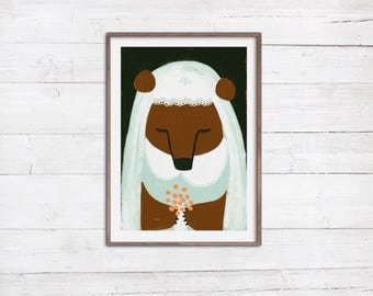 Frau Bär A4 Print Poster Illustration Malerei Tierportrait Braut Hochzeit Blumen Schleier Kleid bunte Wanddeko Deko