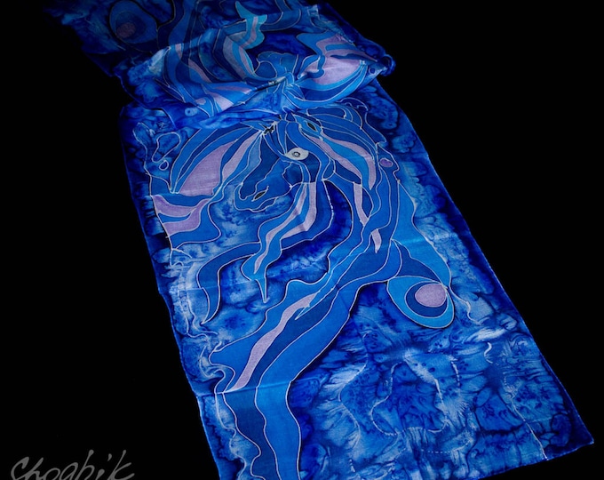 Handmade Batik Silk Scarf - Hand Painted Whater Horses - Armenian After Work - Blue