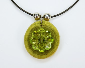 Necklace green flower green olive wood on a black leather strap, unique jewelry beads Wood Green flowers