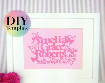 Birth announcement paper cutting template, SVG cameo or cricut, PDF handcutting, papercut wall art , gift for new baby, gift for baby girl