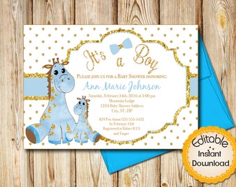 Baby Shower Invitation, Boy, Blue and Gold Mamma and Baby Giraffe, INSTANT download, EDITABLE in Adobe Reader, DIY, Printable, 5"x7"