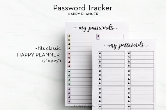 Password Tracker Happy Planner Password Printable Password