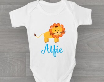 Personalised Boys Lion Baby Grow, Cute & Unique Safari Zoo Animal Bodysuit Baby Onesie Gift.