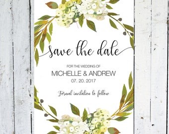 Save The Date Cards, Floral, Postcard, Greenery, Watercolor, Save The Date, Wreath, Printed, Printable, White Flowers, Floral