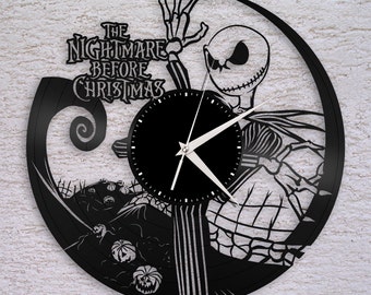 Wall Clock, Nightmare Before Christmas Clock, Jack Skellington Halloween Disney Inspired Wall Decor, Tim Burton, Jack and Sally Vinyl Record