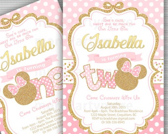 Pink and Gold Minnie Mouse Birthday Party Invitation, 2nd Birthday, First Birthday, Gold Glitter, Polka Dot invite, Printable Invitation