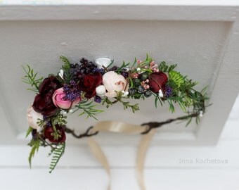 Green floral crown Beige burgundy marsala flower crown Bridal flower wreath Wedding halo Bridesmaid headpiece Woodland wedding Greenery