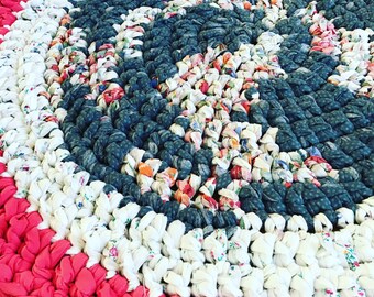 Rag rug, crochet rag rug, blue and coral rug, blue and cream rug, rustic rug, recycled rug, cottage rug, cabin rug, country decor, farmhouse