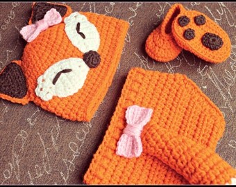 Crocheted Baby Girl Fox Photo Prop Set, Baby Girl Fox Hat, Fox Hat, Fox Tail, Fox Booties, Crochet Hat, Baby Hat, Diaper Cover