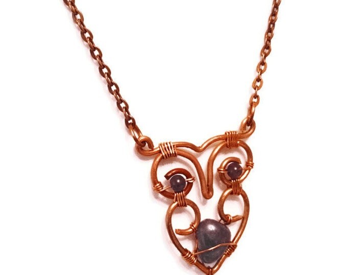 Amethyst and Copper Owl Necklace, February Birthstone Necklace, Gift for Her, Unique Birthday Gift, N006