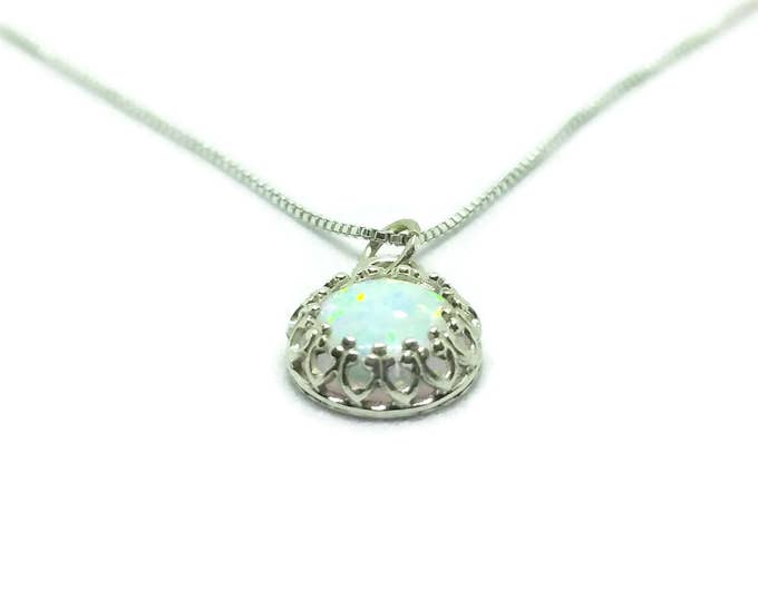 Opal Sterling Silver Necklace, October Birthstone, 14th Wedding Anniversary Gift, Lab Created 8 mm Opal Gemstone, Bridesmaid Necklace