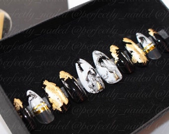Black and gold marble with negative space • Handpainted False Nails • Fake Nails • Press on Nails • Stick on Nails