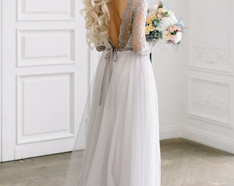 Grey lace wedding dress 'VERA' / Wedding dress with long sleeves, low back wedding dress, boneless, light, embroidered and beaded lace dress