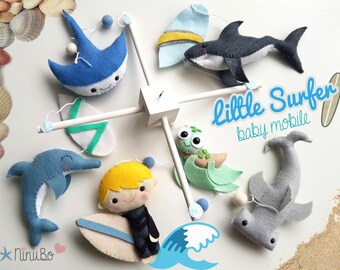 Little Surfer Baby Mobile - Cot/ Crib Mobile - Felt Mobile - Ocean Mobile - Sea Creatures Mobile - Shark - Dolphin - Stingray