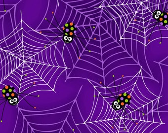 Glow in the Dark Purple Spiders on Webs from the Fantastic Glows Collection by Henry Glass, Halloween Fabric, Glows in Dark