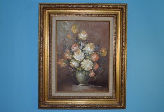 Robert Cox peinture florale originale signée fleur blanc jaune