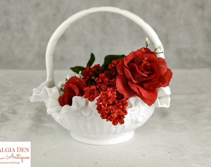 Milk Glass Bridal Basket | Fenton White Rose Basket | Vintage Wedding Decor