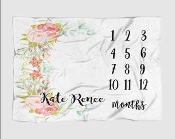 Baby Month Milestone Blanket- White Floral Frame -30 X 40 Personalized Baby Blanket Track Growth and Age oddler New Mom Baby Shower Gifts