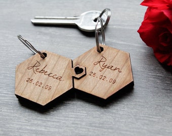 Valentines Personalised Keyring, His & Hers Matching Keyring, Wooden Engraved Keyring, Personalised Wedding Favour, Jigsaw Keyring, Hexagon