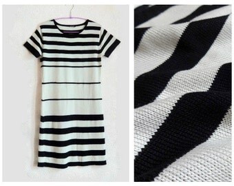MARIMEKKO Dress Knee Height Knitted Cotton Dress Short Sleeve M Size Marimekko Clothing Vintage Clothing Black & White Striped Dress