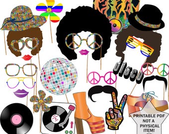 70s Party Photo booth props: "DISCO PARTY PROPS" Hippie Party Disco Fever Disco ball Afro Wig Printable pdf 1970's Photo Booth 70's theme